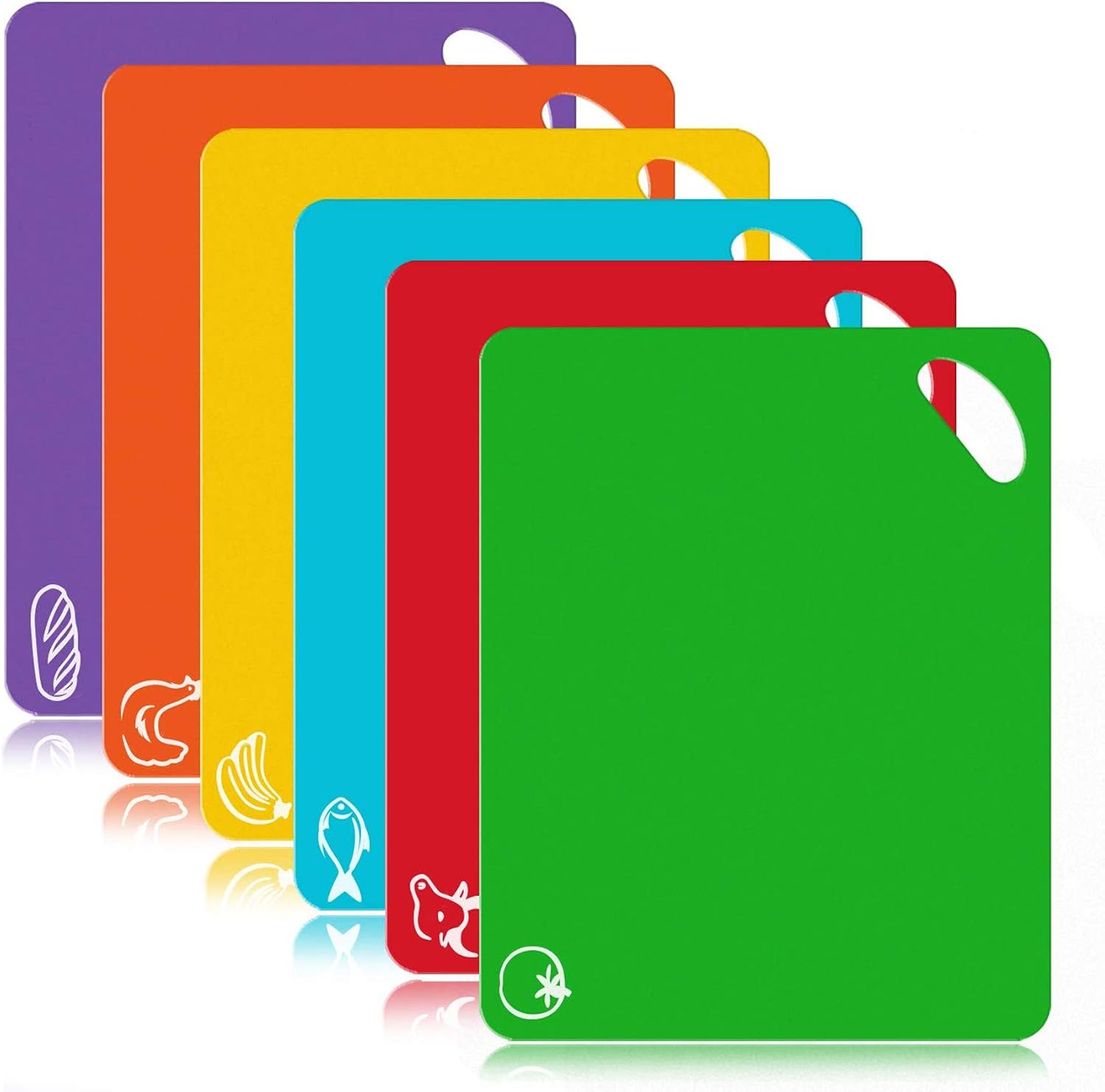 FUKTSYSM Plastic Cutting Board - 6 Pcs Extra Thick Flexible Plastic Chopping Board Mats with Food Icons, 1.3 MM Non Slip Antimicrobial Easy Hanging Boards, Dishwasher Safety