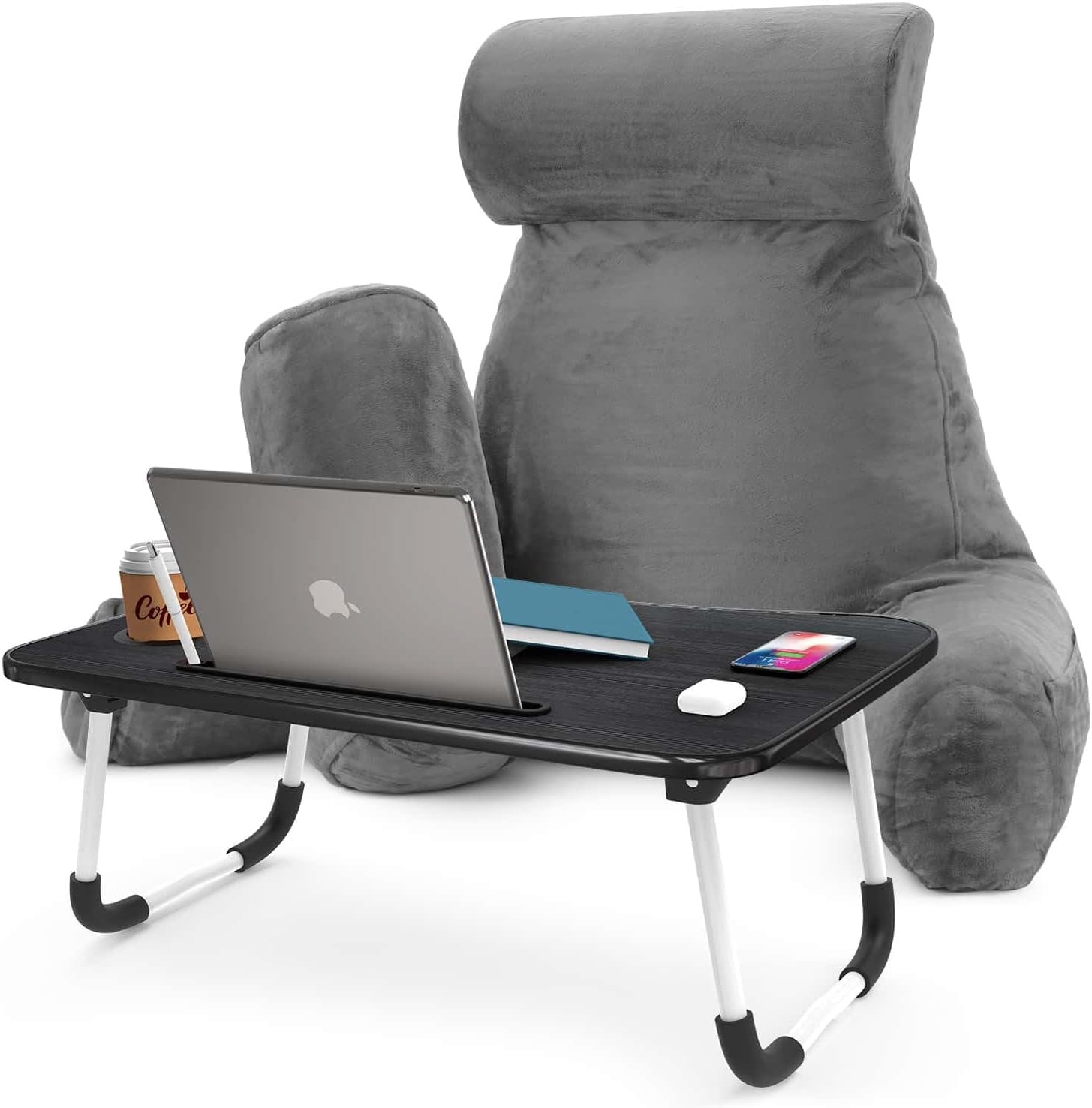 Nestl Reading Pillow with Portable Laptop Lap Desk - Shredded Memory Foam Back Support Pillow for Sitting Up in Bed and Couch Rest Pillows with Arms, Bed Tray Table with Foldable Legs, Grey