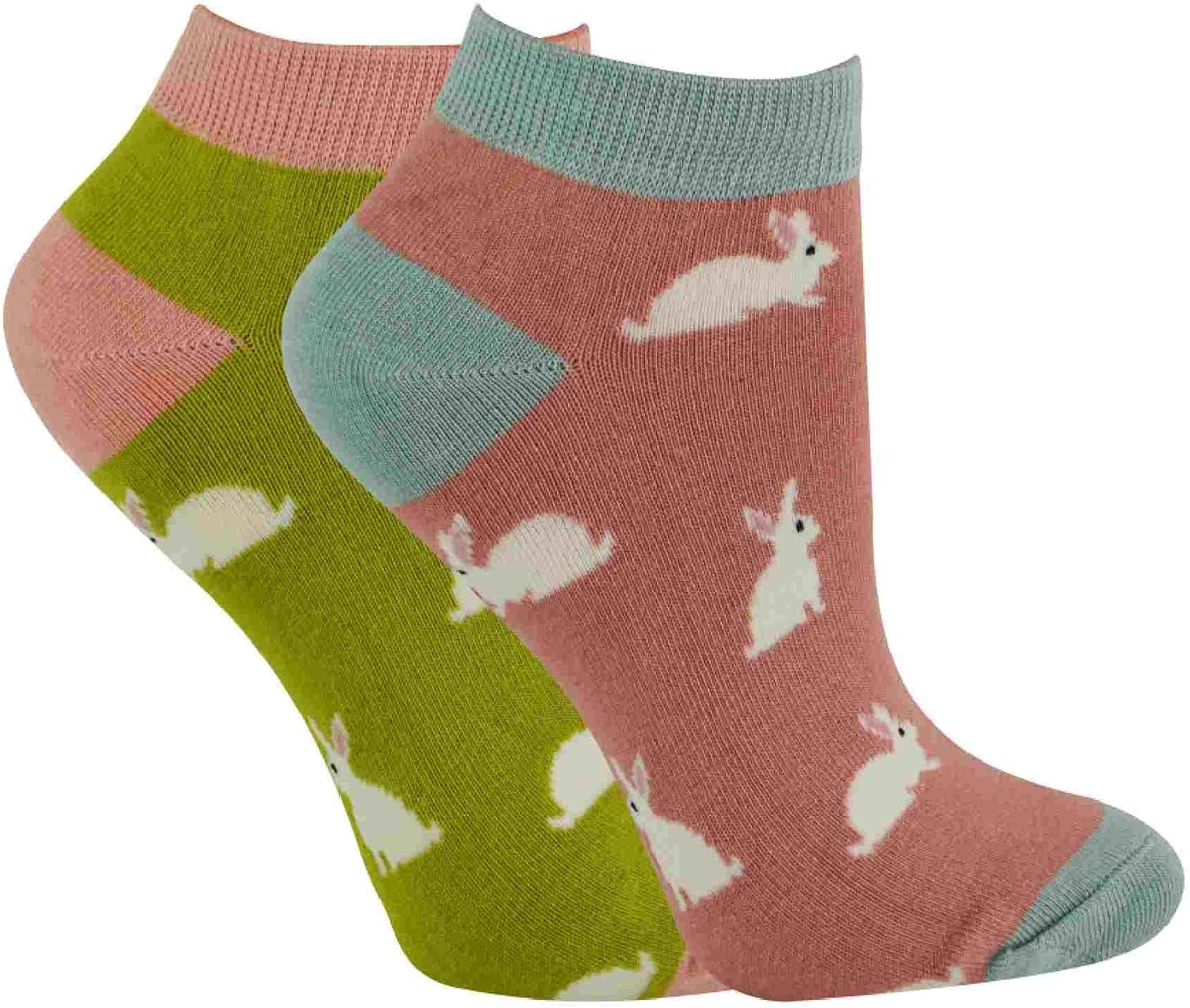 Miss Sparrow 2 Pair Multipack Ladies Bamboo Trainer Socks Breathable Novelty Animal Patterns Socks