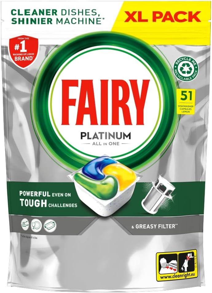 Fairy Platinum Lemon All-In-1 Dishwasher Bulk Pack, 51 Pods, Platinum Dishwashing Formula
