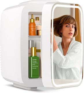 Mini Skincare Fridge with Dimmable LED Light Mirror,4 L/6 Can Mini Fridge for Bedroom,Office, Car, Dorm,Cooler & Warmer, Makeup Fridge for Skin Care, Cosmetics, Food,White