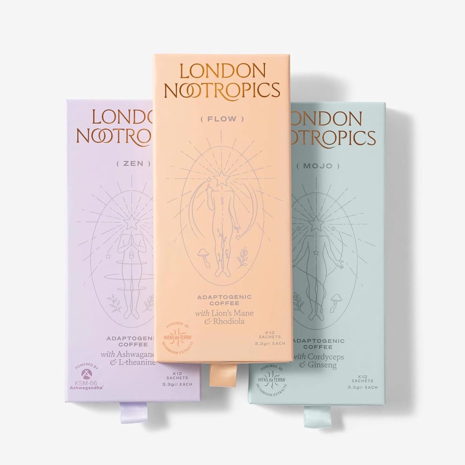 London Nootropics Starter Bundle Collection – Mojo, Zen & Flow Mushroom Coffee Variety Pack – 36 Sachets for Energy, Focus & Balance