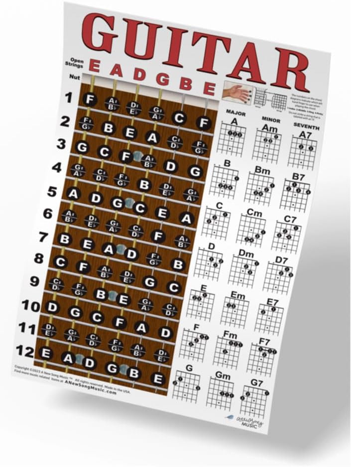A New Song Music Guitar Chord & Fretboard Note Chart Instructional Easy 11"x17" Poster for Beginners Chords & Notes