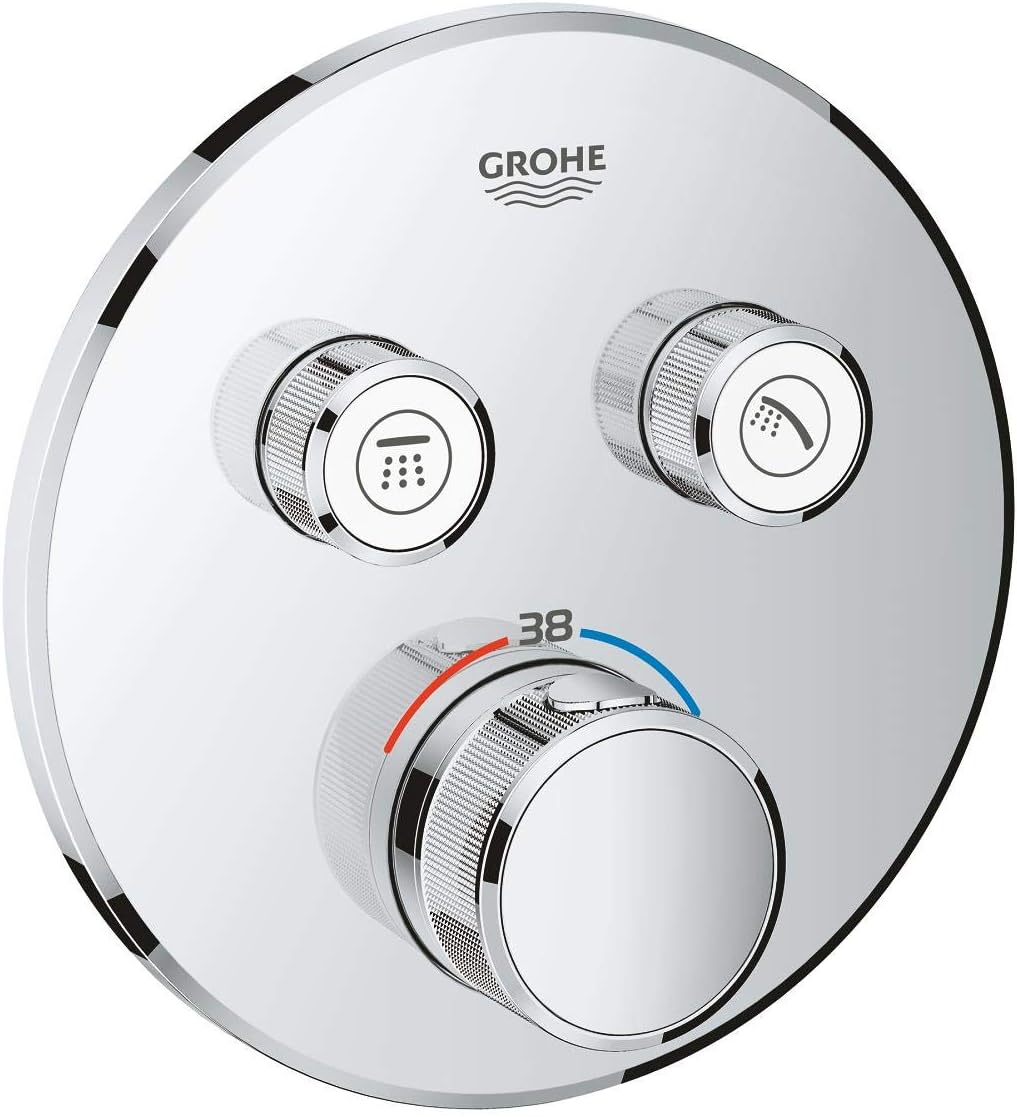 GROHE Grohtherm SmartControl - Water Saving Thermostat for Shower/Bath - Concealed Installation for GROHE Rapido SmartBox (35 600) - 2 Valves - Round Shape - Safety Button at 38°C - Chrome - 29119000