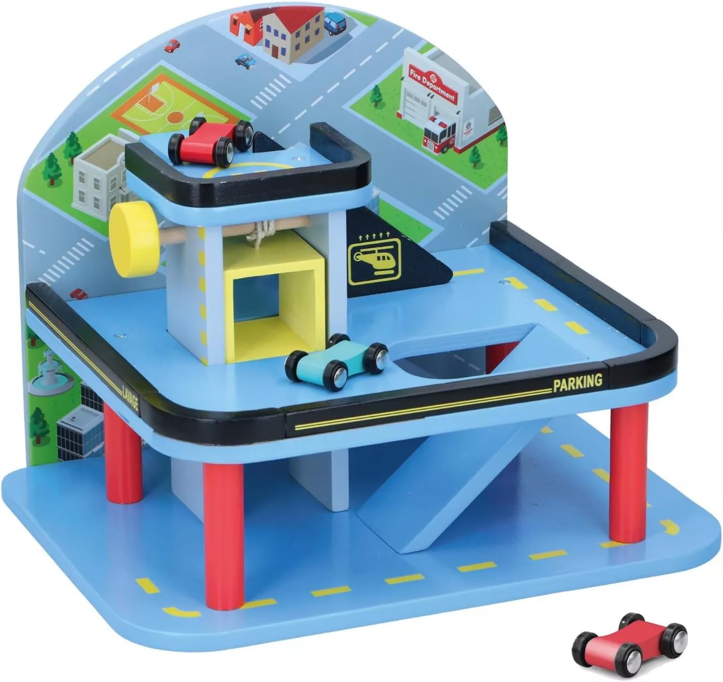 Wooden Car Garage Parking Playset with 2 Levels 1 Lift and 2 Cars for Kids - Educational Early Learning Role Play Pretend Play Car Garage Toys for Boys Age 3 Above