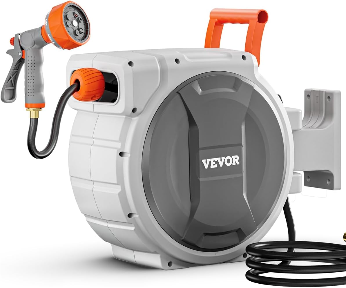 VEVOR Retractable Garden Hose Reel, 1/2 Inch x 84 ft Wall Mounted Heavy Duty Garden Hose Reel with 9 Patterns Nozzle, Any Length Lock, Upgraded Slow Return System and 180°Swivel Bracket