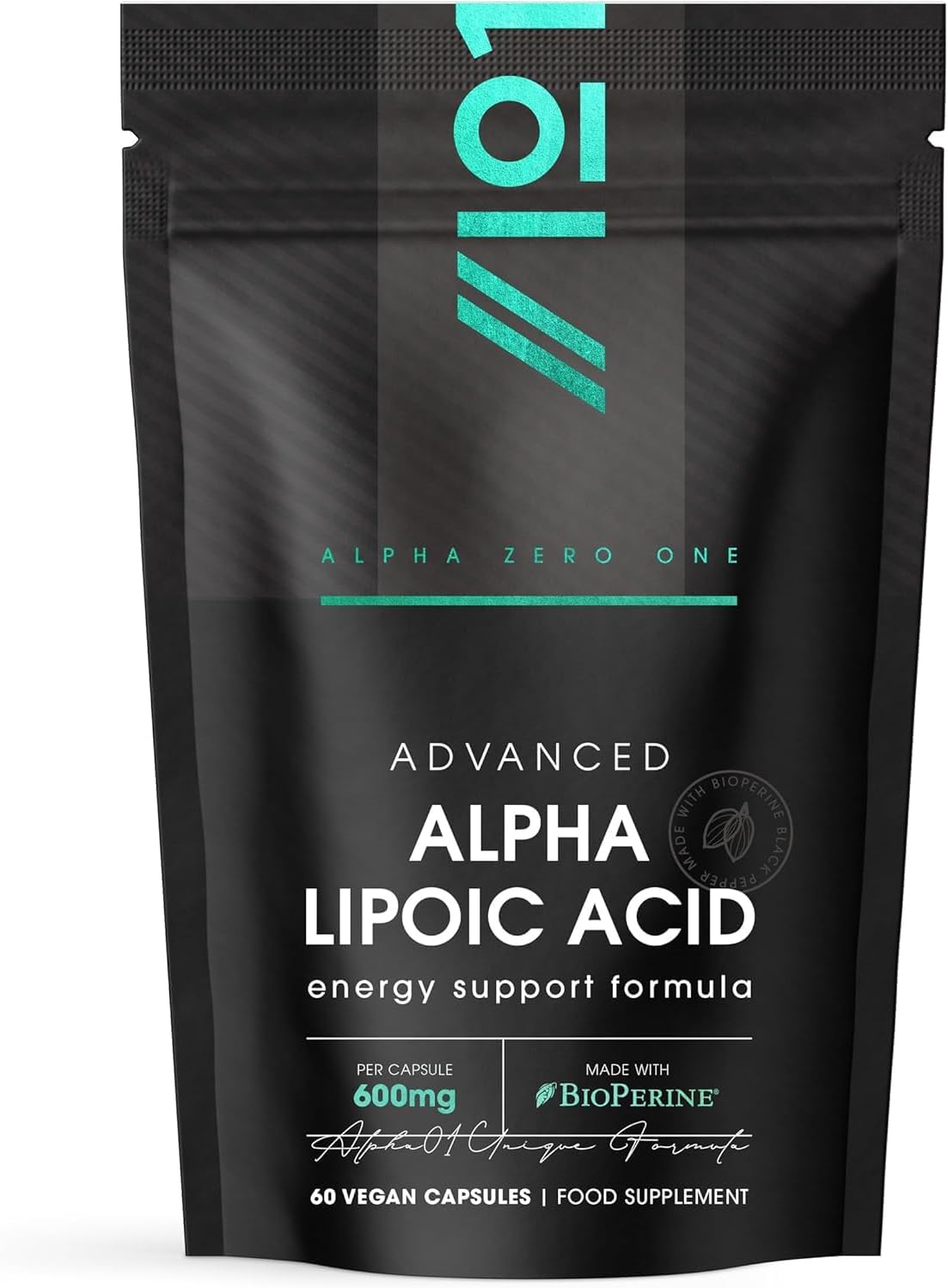 Alpha Lipoic Acid (ALA) 600mg - Made with Biotin & BioPerine® - 60 Vegan Capsules - Potent Amino Acids Supplement - Powerful Antioxidant - Resealable and Recyclable Pouch by Alpha01