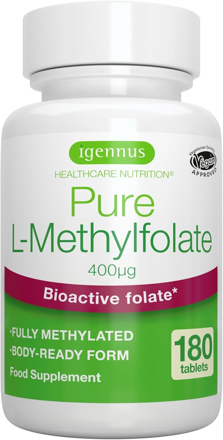 Igennus Clean Methyl Folate 400 mcg, 180 Tablets, Methylated Form of Folic Acid 5-MTHF (Vitamin B9), Vegan, Suitable for Pregnancy, Pure Formula, One-a-Day, 6 Month Supply