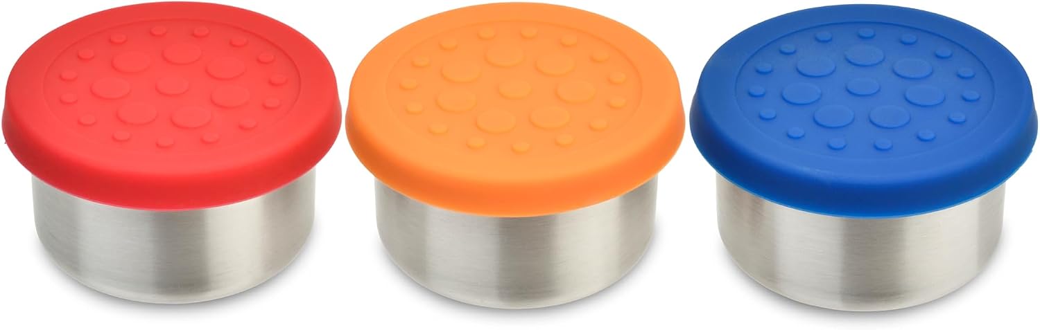 LunchBots Tiny Dips Condiment Containers - Set of 3 - Perfect Portion Cups - Spill Proof Lunch Box Sauce Container with Lid - Food Grade Stainless Steel - 1.5oz - Dishwasher Safe - Assorted Lids