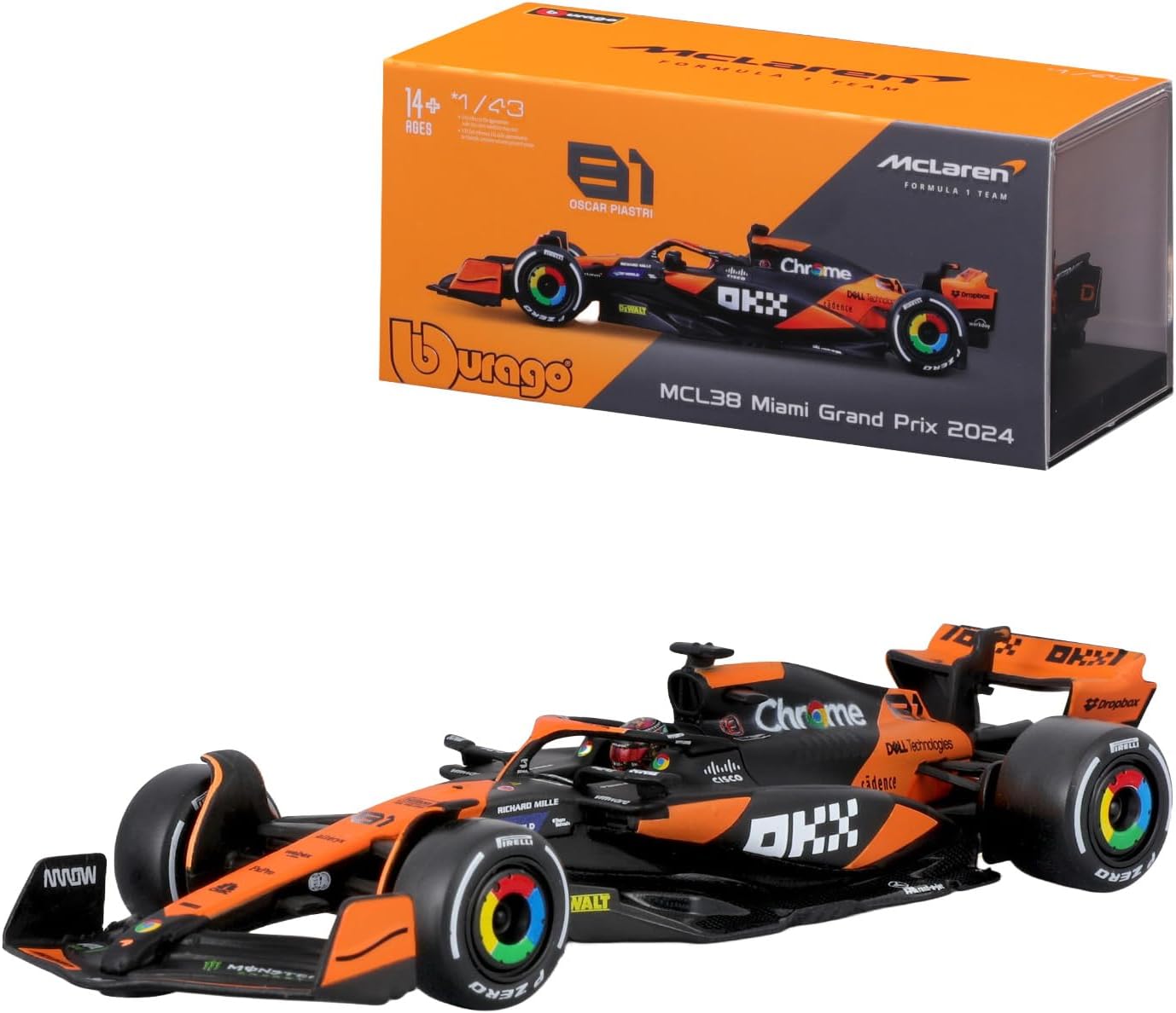 Bburago 1:43 2024 Race McLaren MCL38 with Helmet, Piastri #81