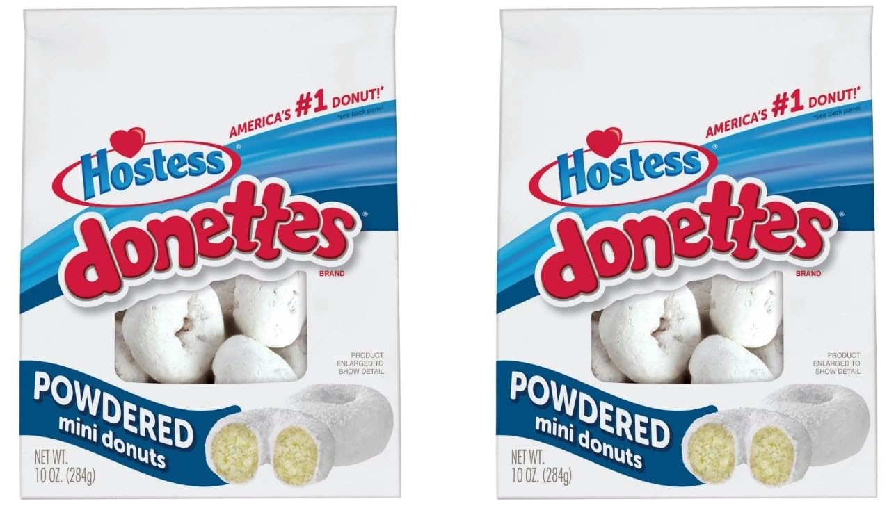 Hostess Donettes - Powdered Mini Donuts - White Cake Dusted With Powdered Sugar - 10 Oz Bag - Pack of 2