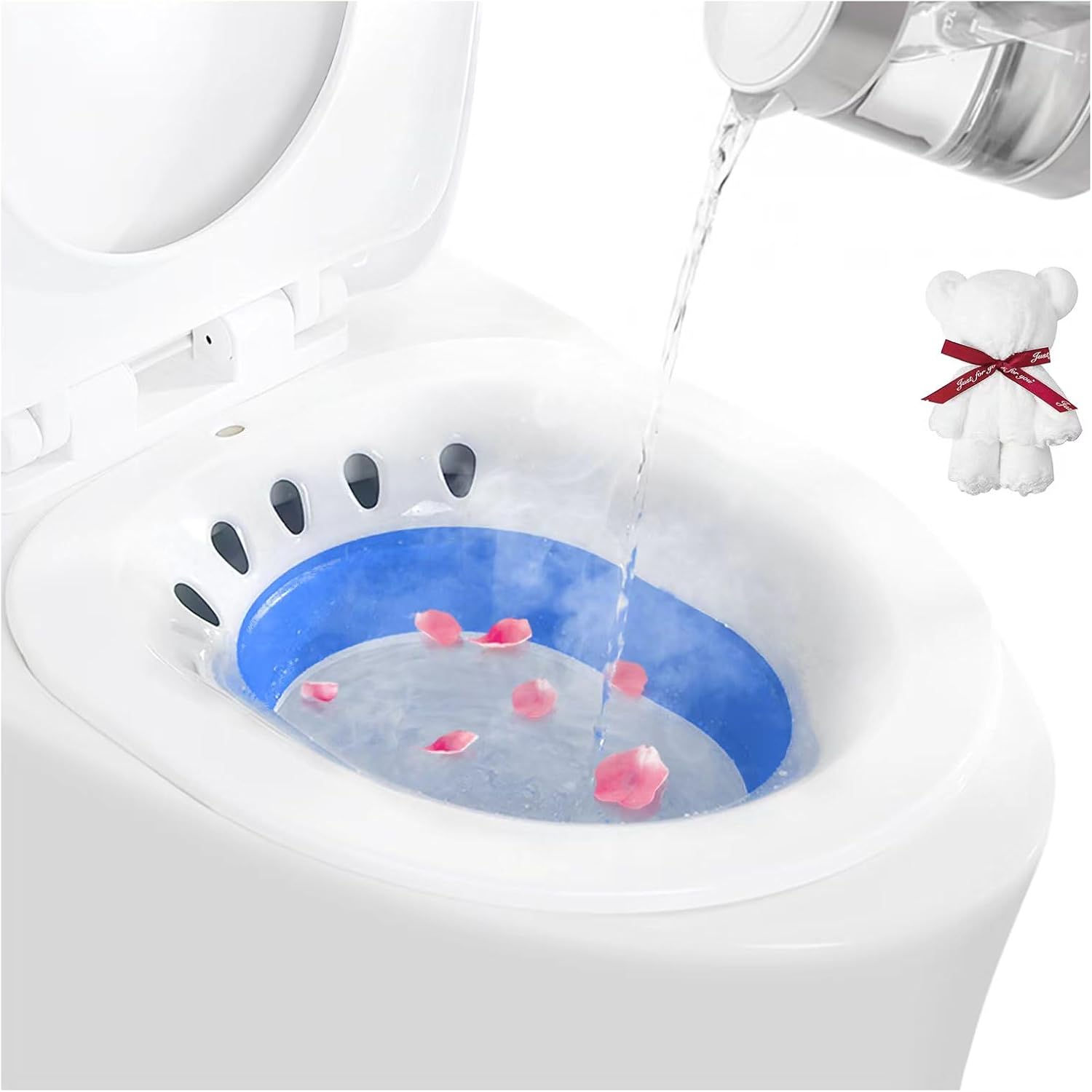 DEANIC Foldable Sitz Bath for Toilet Hemorrhoids Treatment and Post Partum Care, Yoni Steam Bath Seat for Pregnant Women, Bidet Bowl with 1 Towel (Blue)