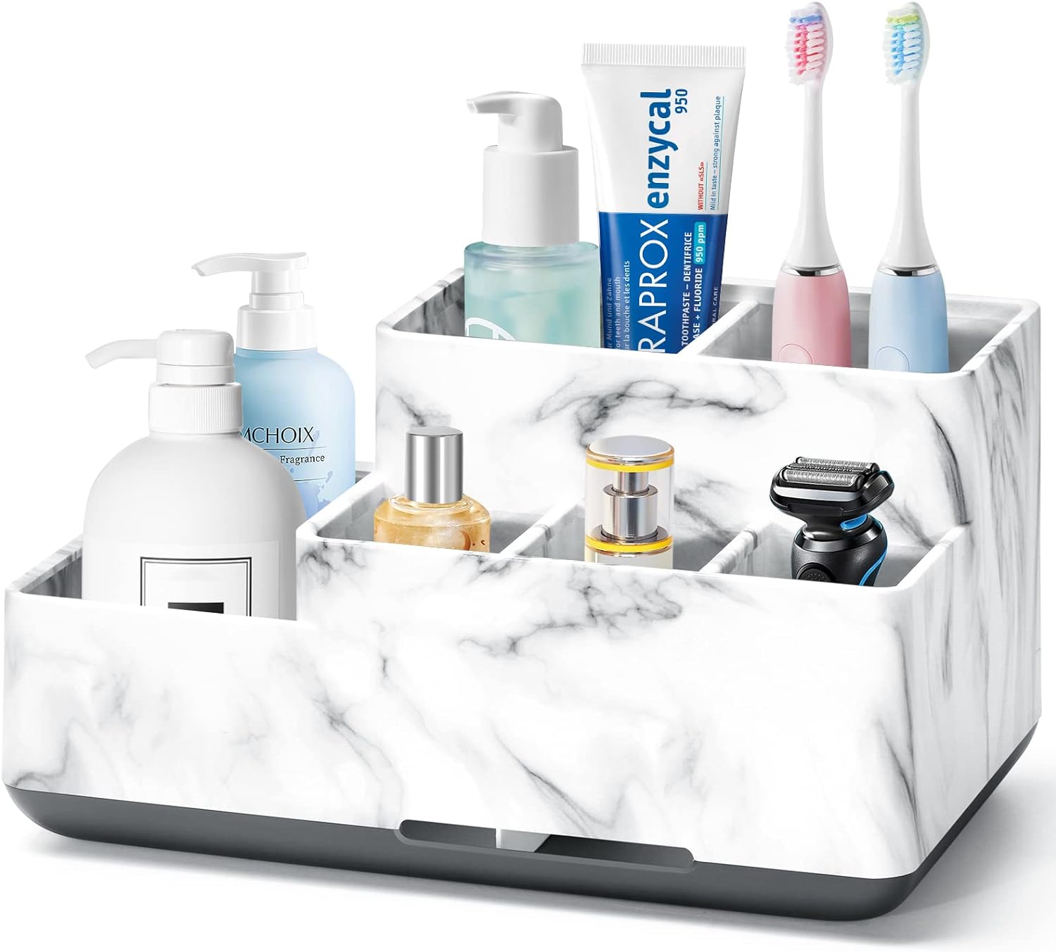 Toothbrush Holder, Detachable Non-Slip Electric Toothbrush Holder with 6 Compartments and Drainage Holes Bathroom Organiser for Bathroom, Kitchen, and Family (White Marble)