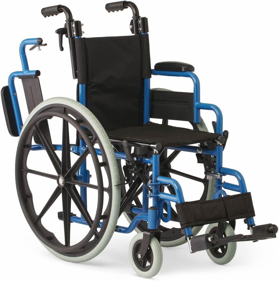 Medline Pediatric Wheelchair with 12" Wide Nylon Seat with Seat Belt, 250 lb. Weight Capacity, Telescoping Handles, Swing-Back Desk-Length Arms, Swing-Away Footrests & Vibrant Blue Frame