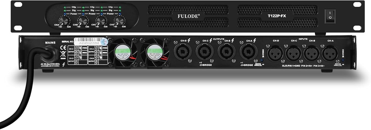 Professional 4-Channel Power Amplifier, 1U 4 x 1500W at 4-Ohm Audio Amp with XLR/Speakon Connectivity, Stereo/Bridge/Parallel Modes, Limiter & Overload Protection for Stage and Studio