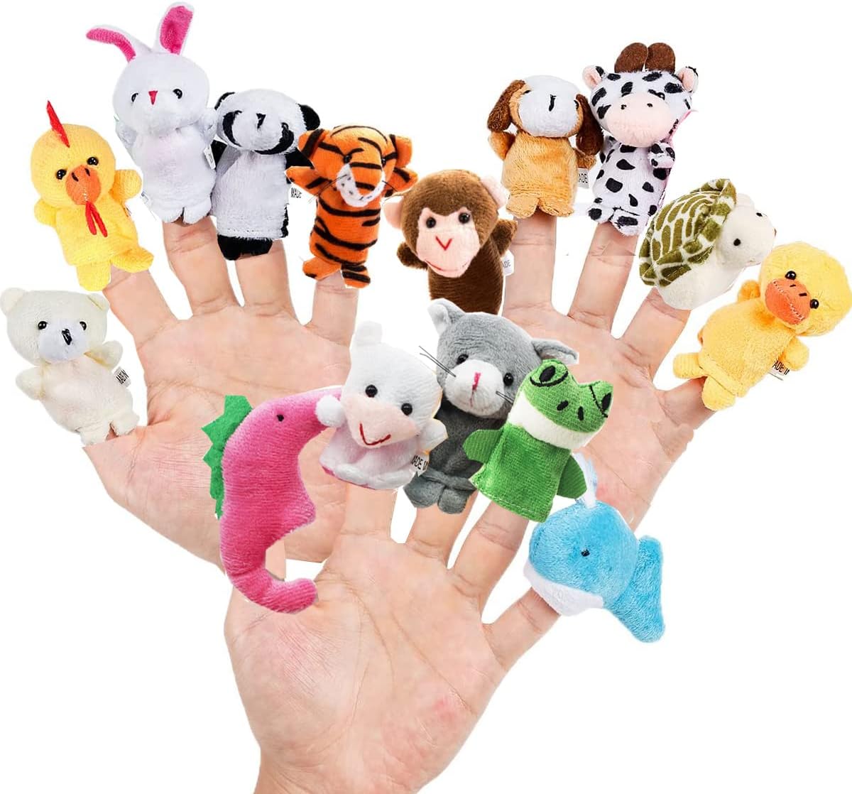 Pack of 15 Animal Finger Puppets 4 Themed from Zoo, Farm, Pet and Sea, Cute Finger Doll Props Figures Novelty Toys Gift for Kids