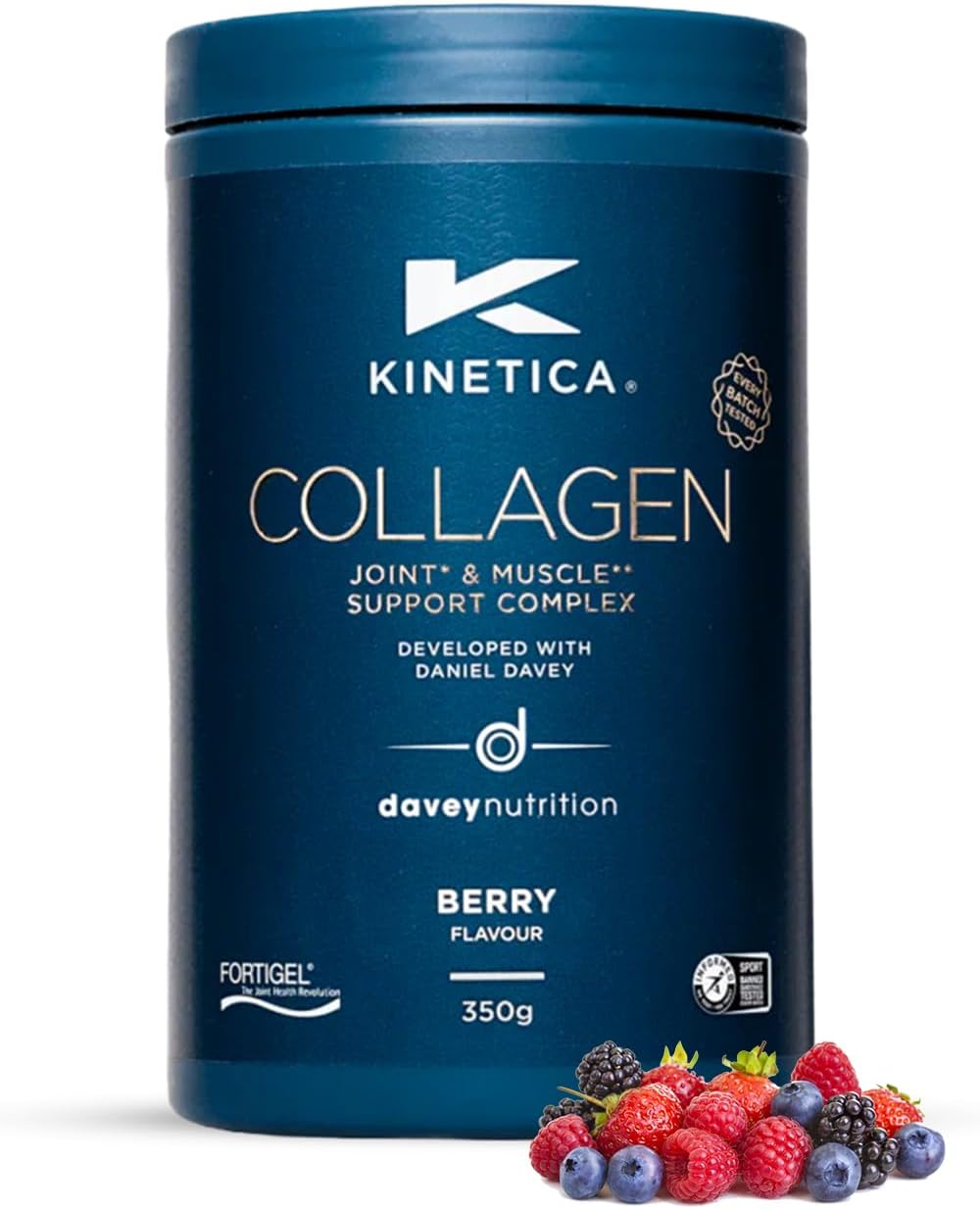 Kinetica Sports Collagen Powder - Berry Flavour | 350g | 5g FORTIGEL Bovine Collagen/Serve, 320mg Vitamin C, 5μg Vitamin D, 100mg Hyaluronic Acid & 500mg Glucosamine Sulphate | Joint & Muscle Support