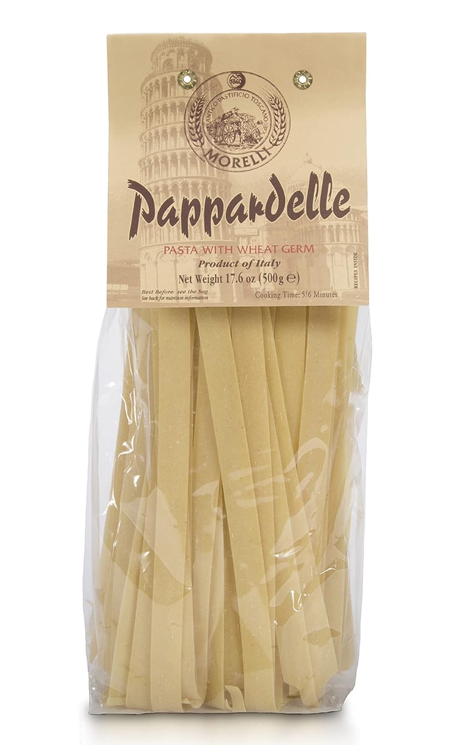 Morelli Organic Pappardelle Pasta Noodles - Imported Pasta from Italy, Wide pappardelle Noodles, Gourmet Italian Durum Wheat Salomina with Wheat Germ - 17.6oz (500g) - Pack of 1