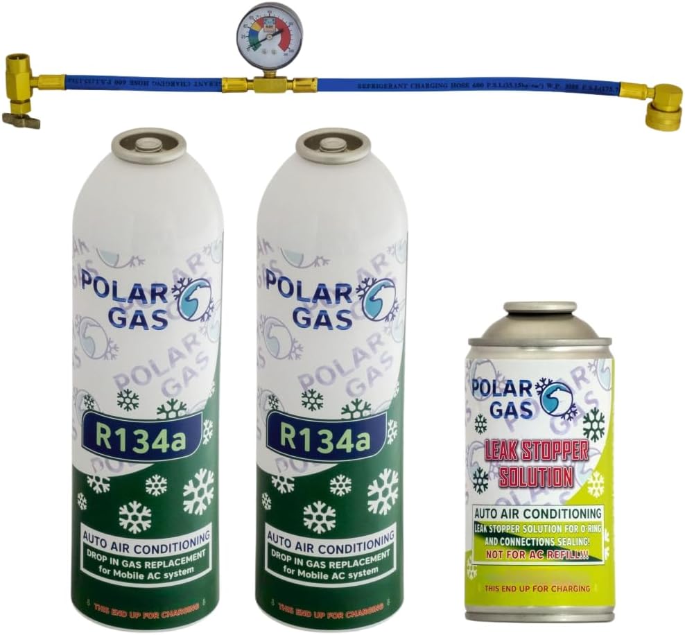 2GC1MA Car Aircon AC 1pcs R134a Compatible Refill Recharge Regas Gas 584gr + Leak Stopper Repair Fix Sealer Stop DIY (2Regas + LS + Tube)