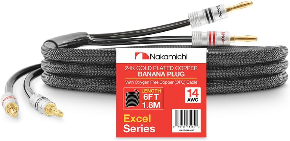 Nakamichi Excel Series 24k Gold Plated Banana Plugs With Speaker Cable Wire 99.9% Oxygen-Free Copper (OFC) Heavy Duty Braided for Amplifier Hi-Fi Home Theatre - Black (14AWG / 6 feet / 1.8m)