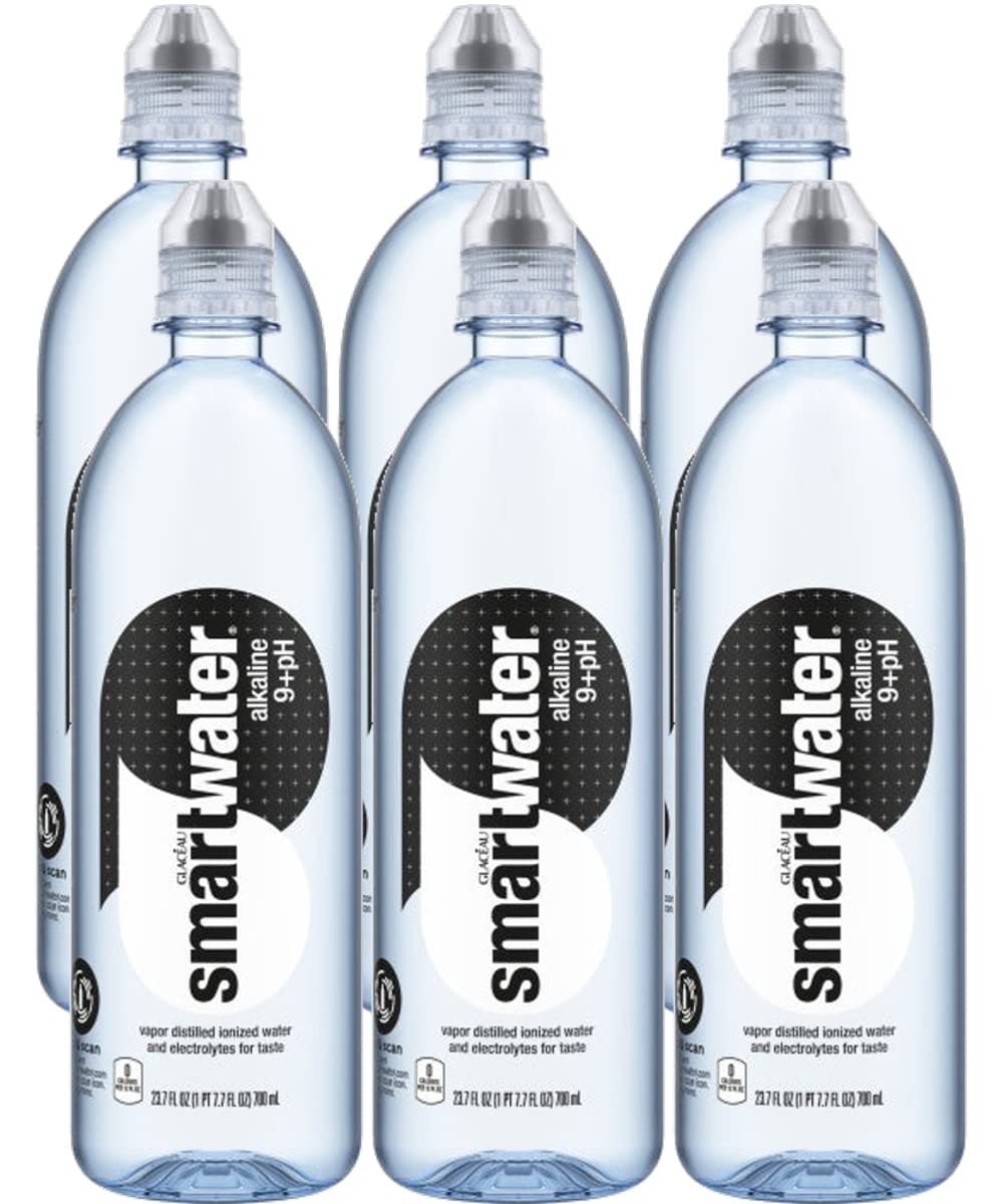 smartwater Alkaline 9+ph Water Bottle with Sports Cap, 700ml - 23.7 Fl Ounce (Pack of 6)