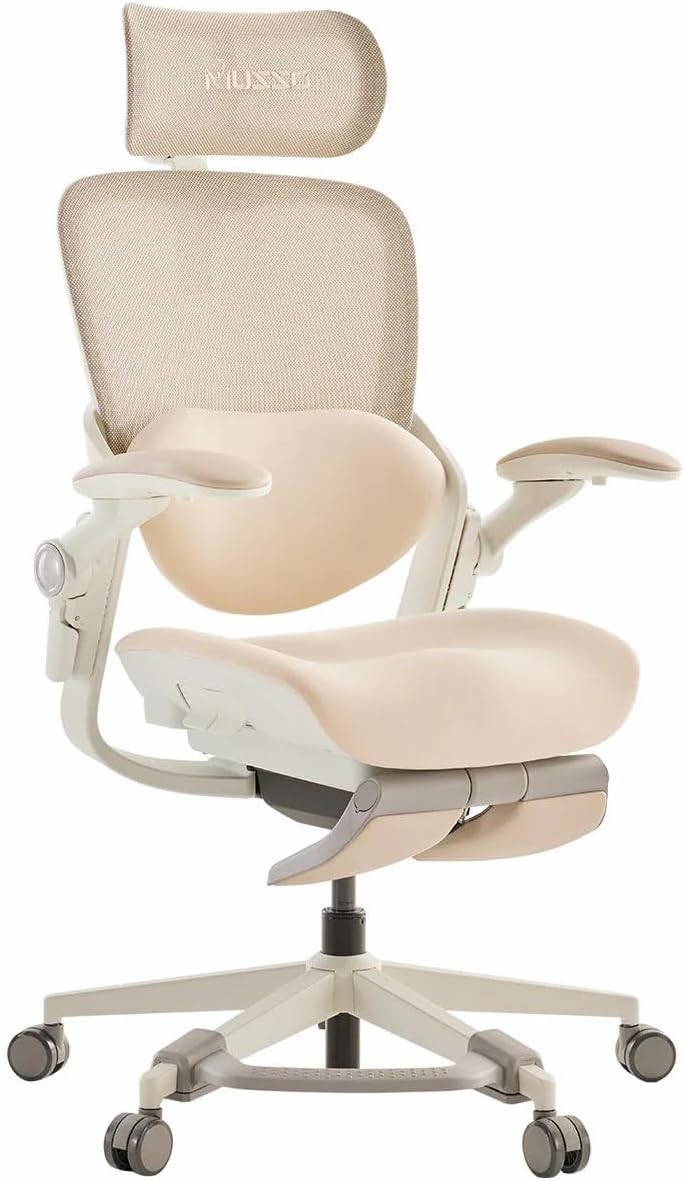 MUSSO E80 MUSE Petite Ergonomic Office Chair for Women, Beige | 3-Level 3D Lumbar Support, 4D Headrest, 90° Flip-Up Arms, Footrest, 135° Recline, Breathable Mesh