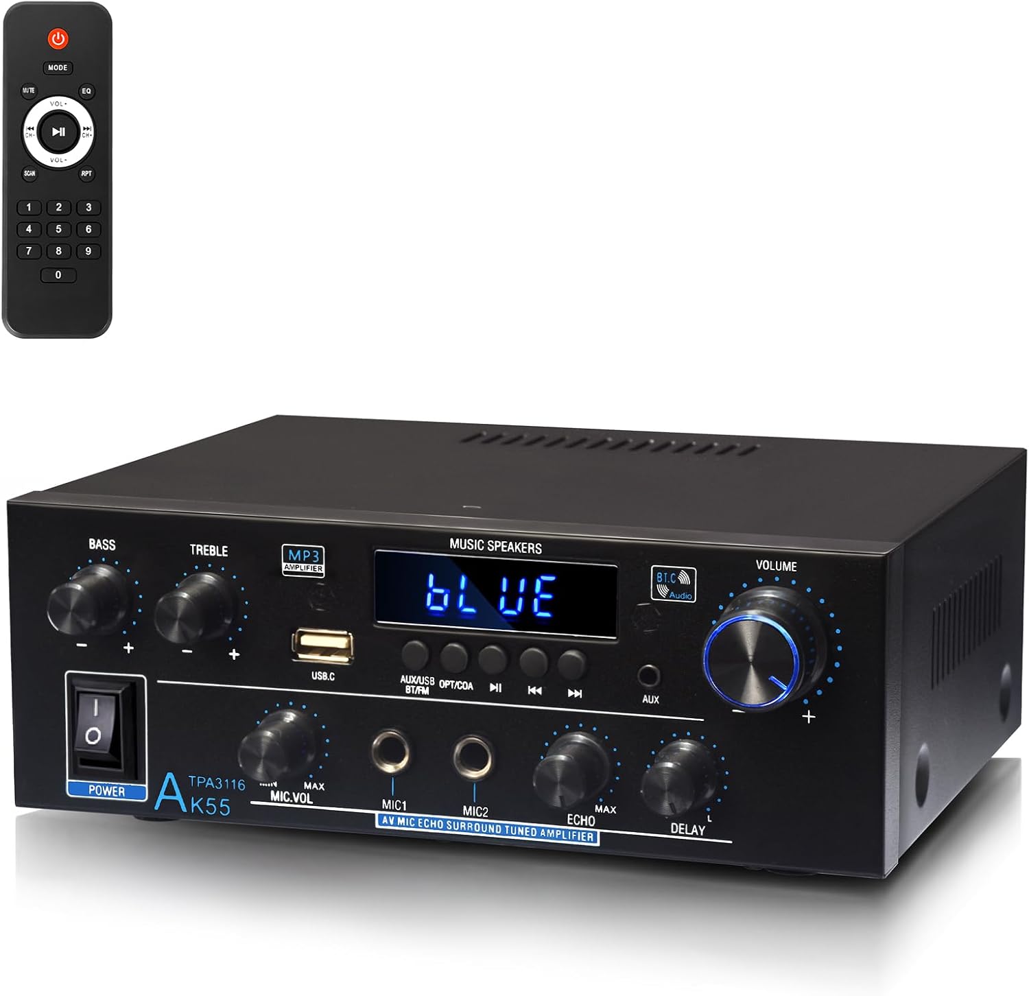 AK55 Stereo Audio Amplifier,600W 2 Channel with Bluetooth 5.0 | Power Stereo Amplifier Receiver with USB,RCA,AUX,MIC,Echo,Coax,Optical Input for Garage, Studio,Home Theater Speakers