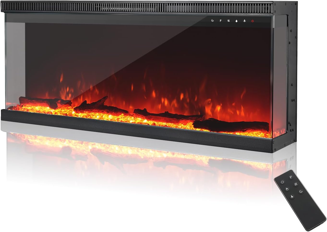 MachenFlame 40”3-Sided Electric Fireplace Stove Panoramic Glass Insert Wall Mount with 9-Color Flame, Freestanding Fireplace Heater,Logs and Crystals, 900W/1800W,Black.