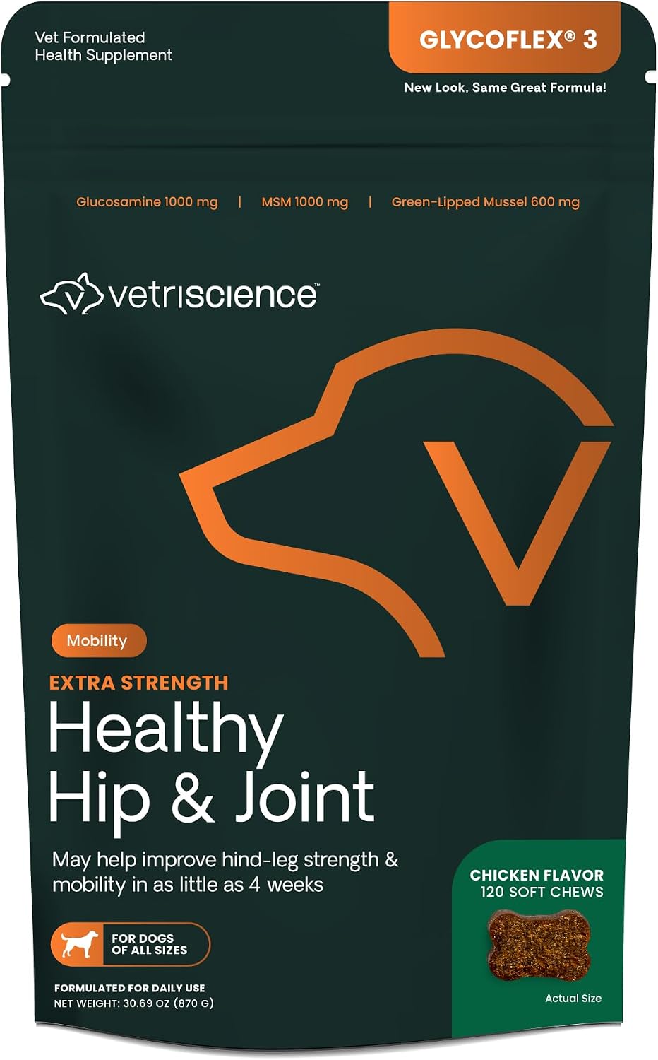 VetriScience Extra Strength Healthy Hip & Joint Chews, GlycoFlex Glucosamine & Green-Lipped Mussel Joint Support Supplement for Dogs, Promote Mobility & Soothe Joint Discomfort, Chicken, 120 Count
