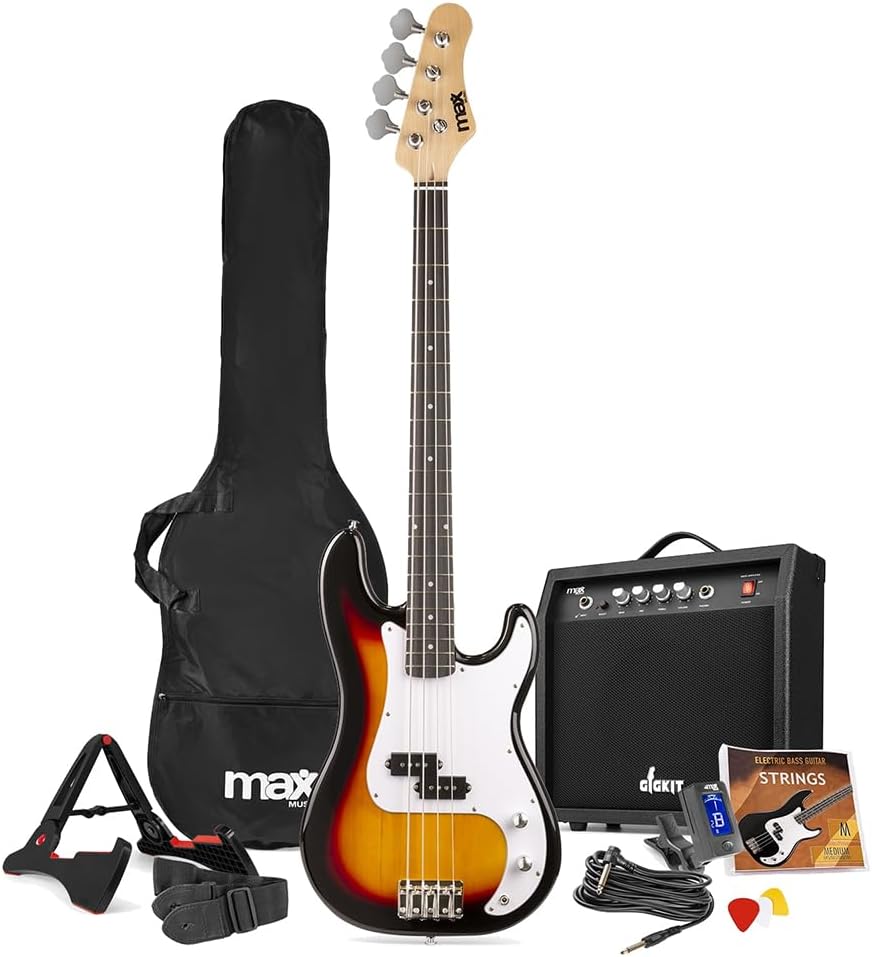 MAX Gigkit Electric Beginner Bass Guitar Pack in Sunburst Finish – Ideal Learner Bass Guitar Starter Pack with 15W Amplifier, Accessories, & 6 Months Lessons – Perfect for Beginners