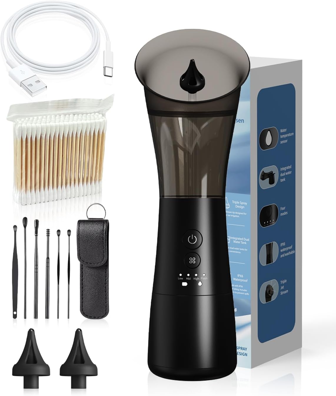 Ear Wax Removal Kit with Integrated Waste Tank, Safe Water Ear Cleaner with Temperature Sensor, 4 Pressure Modes for Varying Earwax Levels – Effective Smart Electric Ear Cleaning for Family Use