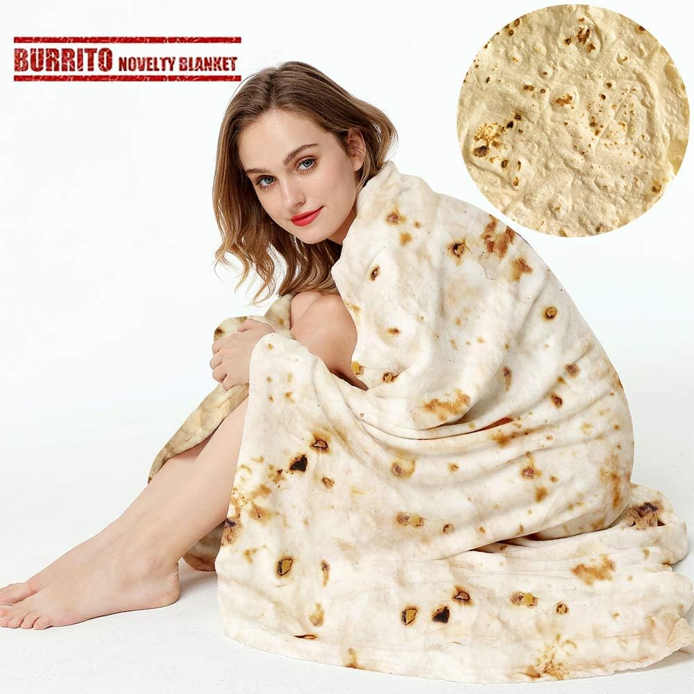 LetsFunny Burrito Tortilla Throw Blanket,2.0 Double Sided Burritos Taco Tortilla Wrap Blankets,Giant Funny Realistic Flannel Food Round Blankets, Funny Gifts for Adults Kids(47in)