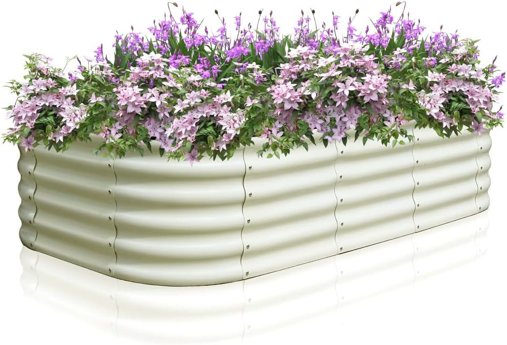 Colwelt Raised Garden Beds Outdoor 240x60x45cm, Raised Beds Steel Planter Box for Easy Growing Vegetables, Flowers, Herbs, Bottomless Metal Raised Bed Grow Bed Box with Safety Edging (Oval, Beige)