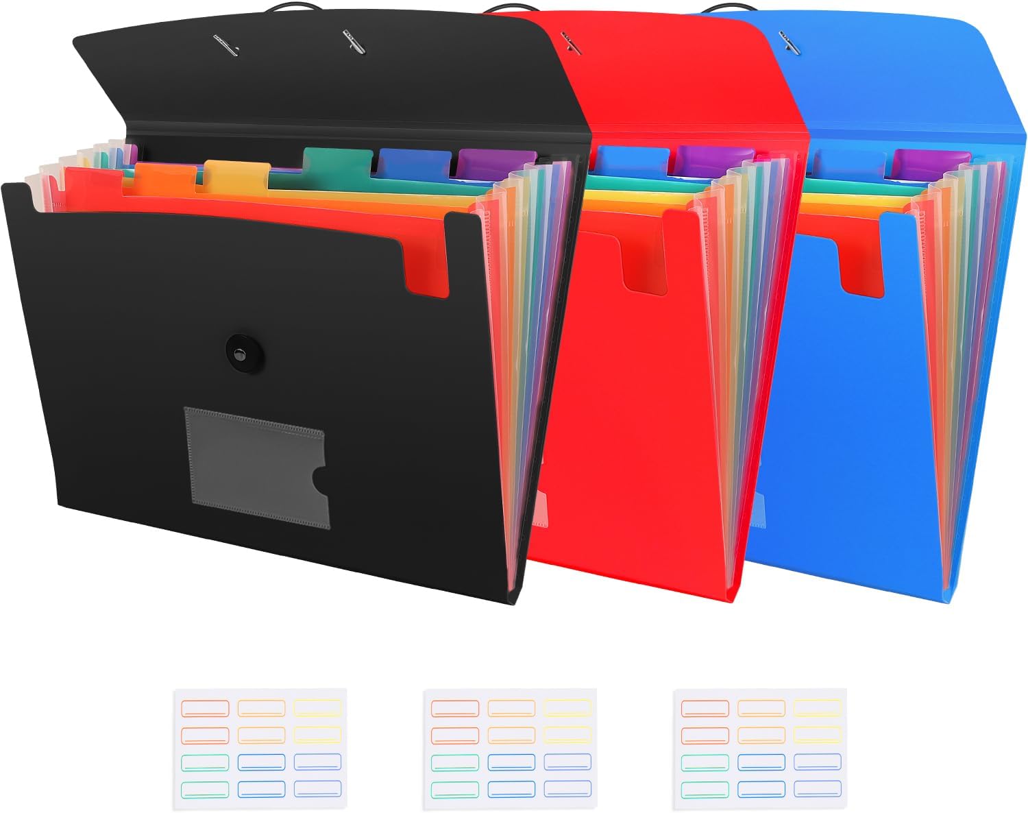 7-Pocket Expanding File 3pcs, Plastic Expandable File Folder - Black&Blue&Red