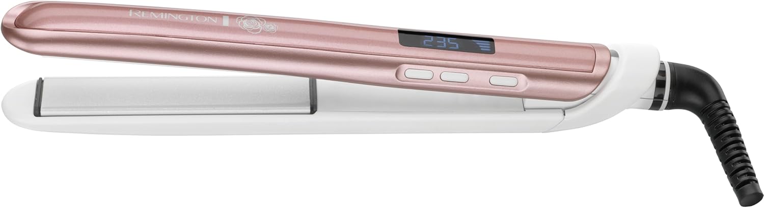 Remington Hair Straightener (Advanced Ceramic Ultimate Coating with Long 110mm Floating Plates, LCD Screen, 150-235°C, Temperature Boost Function, Storage Pouch Included) Rose Pearl S9505