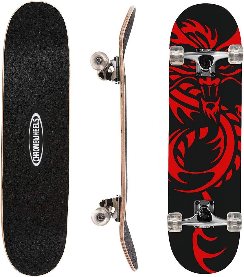 ChromeWheels 31 inch Skateboard Double Kick Skate Board Cruiser Longboard 8 Layer Maple Deck Skateboards for Kids and Beginners