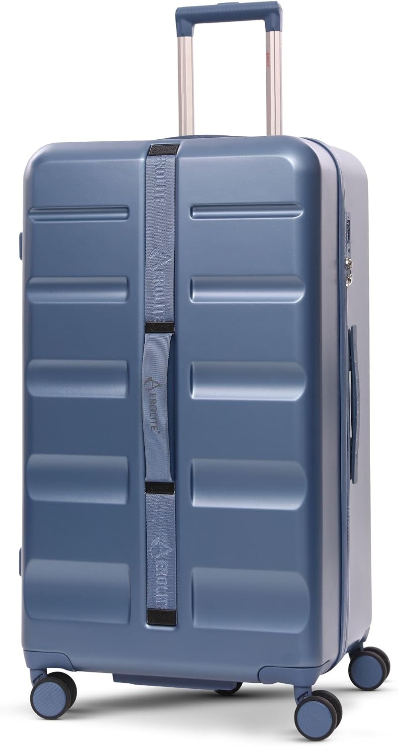 Aerolite Large 101L ABS Hard Shell Check in Checked Hold Travel Spinner Luggage Suitcase Trunk with 4 + 1 Wheels and TSA Approved Lock (Blue)
