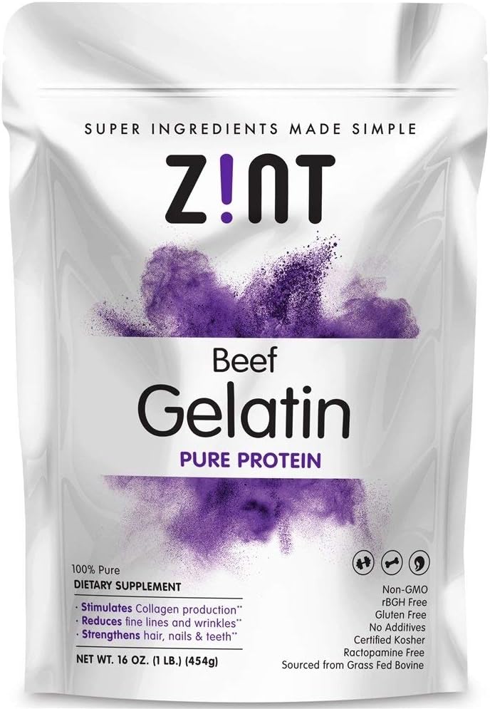Zint Premium Beef Gelatin - Grass Fed - Certified Kosher, Non-GMO - Unflavored - 1 Lb. Bag - Ideal For Smoothies and Desserts, Easy to Digest, No Aftertaste.
