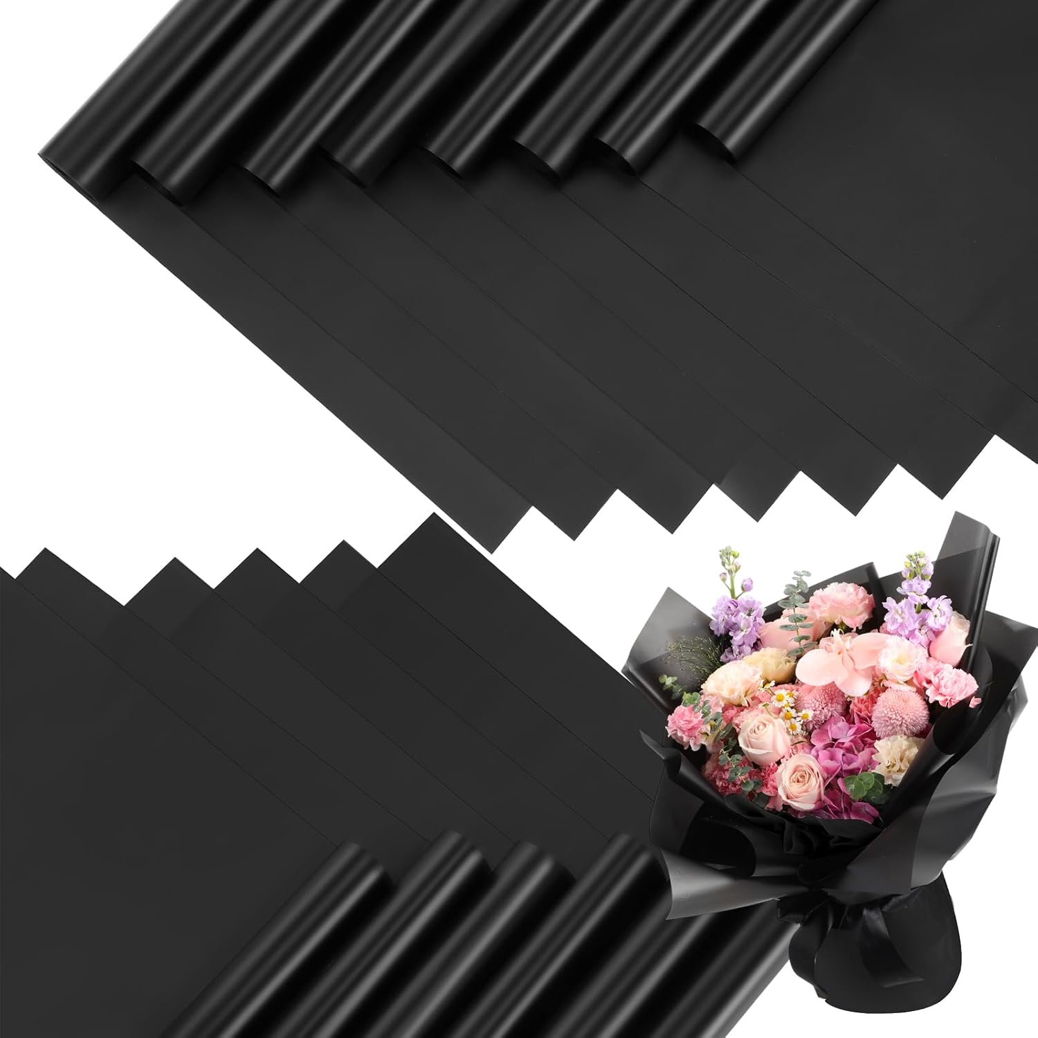 Ctosree 320 Sheets Flower Wrapping Paper Bulk Waterproof Floral Packaging Paper Sheets Florist Bouquet Supplies DIY Craft Gift Packing for Mother's Day Wedding Festival 23.6 x 23.6 In (Black)