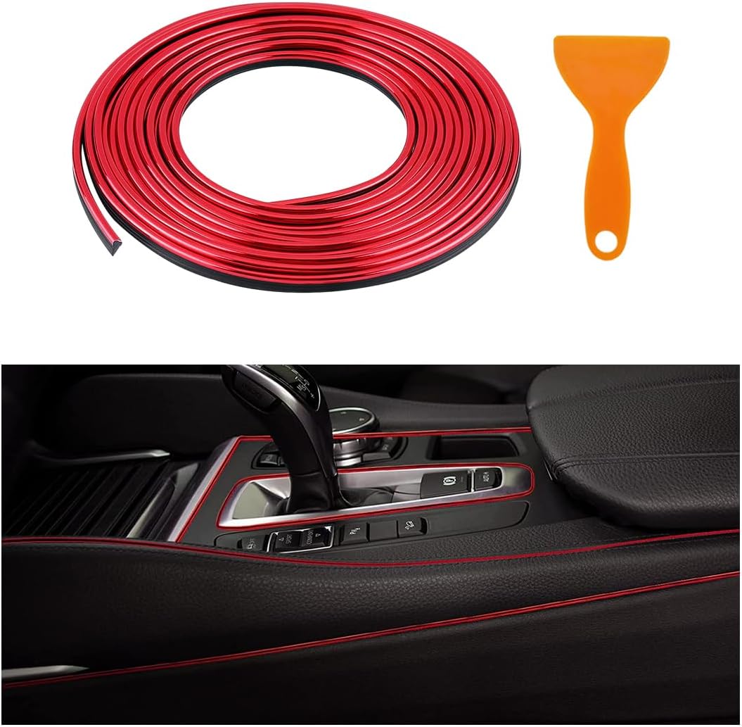 Augeny Car Interior Trim Strips, 33Ft Bendable Flexible Automobile Molding Line Strip Garnish, Self-Adhesive Door Edge Trim with Installing Tool, Universal Car Accessories (Red)