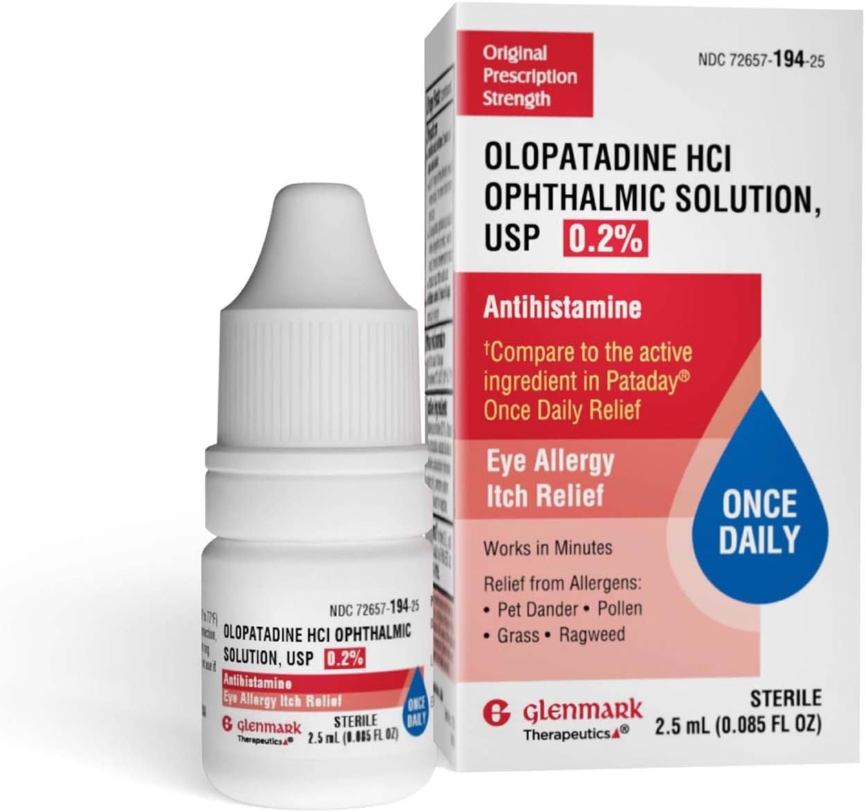 Olopatadine Eye Drops for Allergies, Redness Relief, Antihistamine Eye Drops, Allergy Relief from Pet Dander, Pollen, Grass, Ragweed, Works in Minutes, Olopatadine HCl 0.2% 2.5ml
