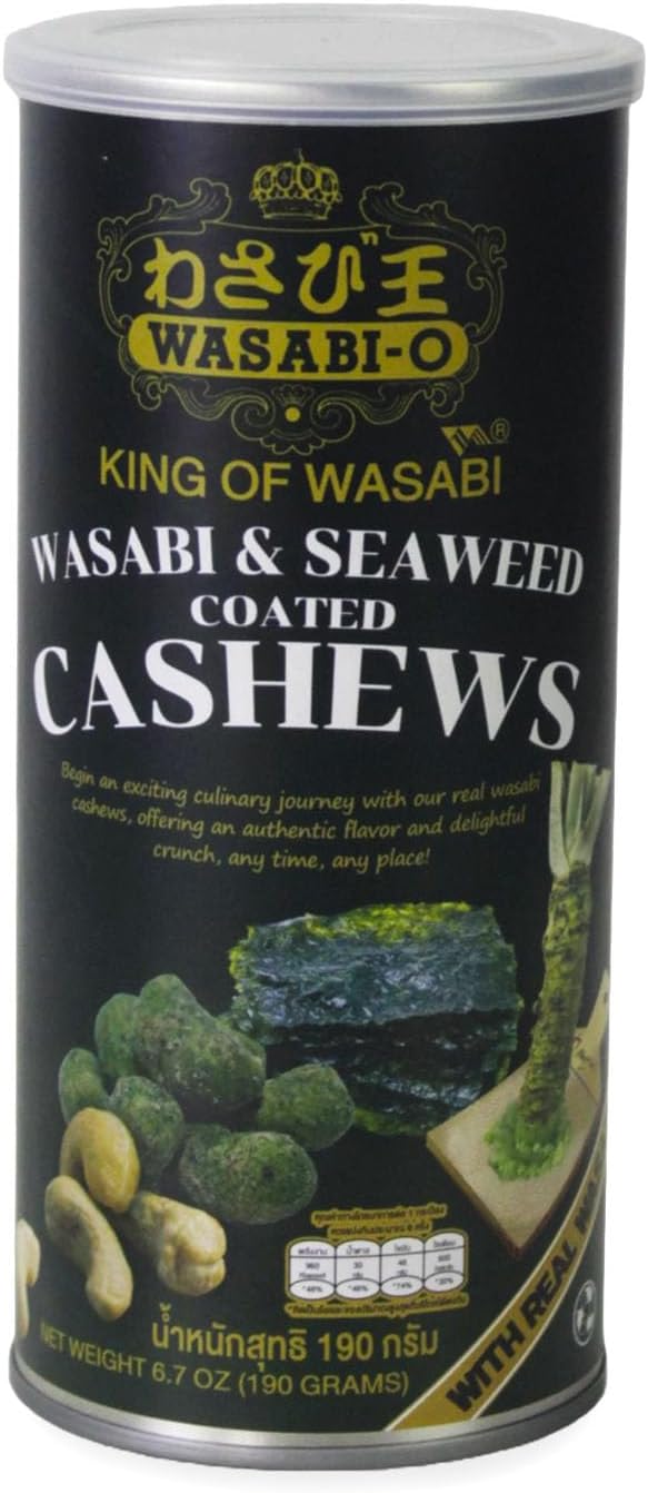 WASABI-O Seaweed & Real Wasabi Coated Cashews Exquisite Crunch, Gourmet Full-bodied Cashew Snack - 190 Grams (Wasabi and Seaweed)