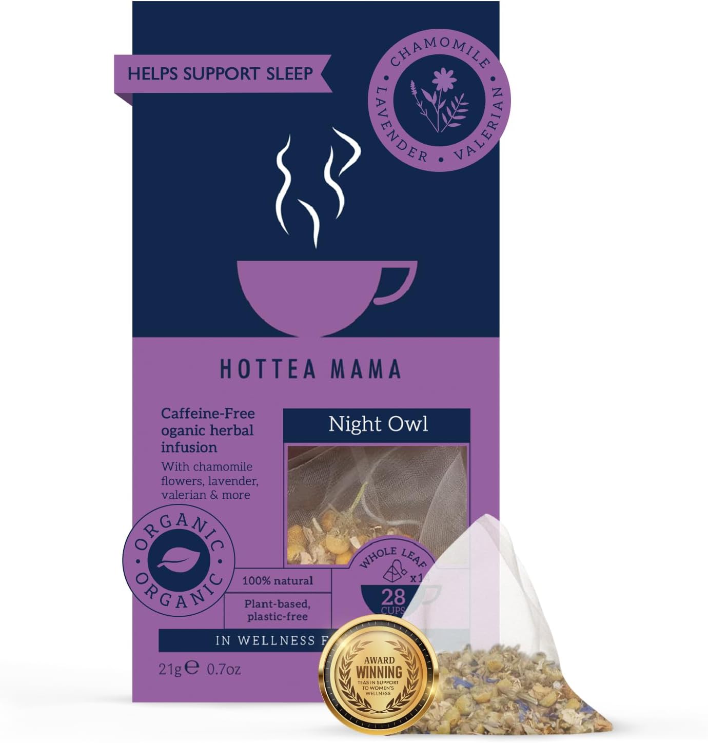 HOTTEA MAMA | Night Owl | Organic | Sleep Support Tea | Caffeine-Free | Postpartum & Breastfeeding Support | 14 Whole Leaf Biodegradable Bags (28 Cups Of Tea)