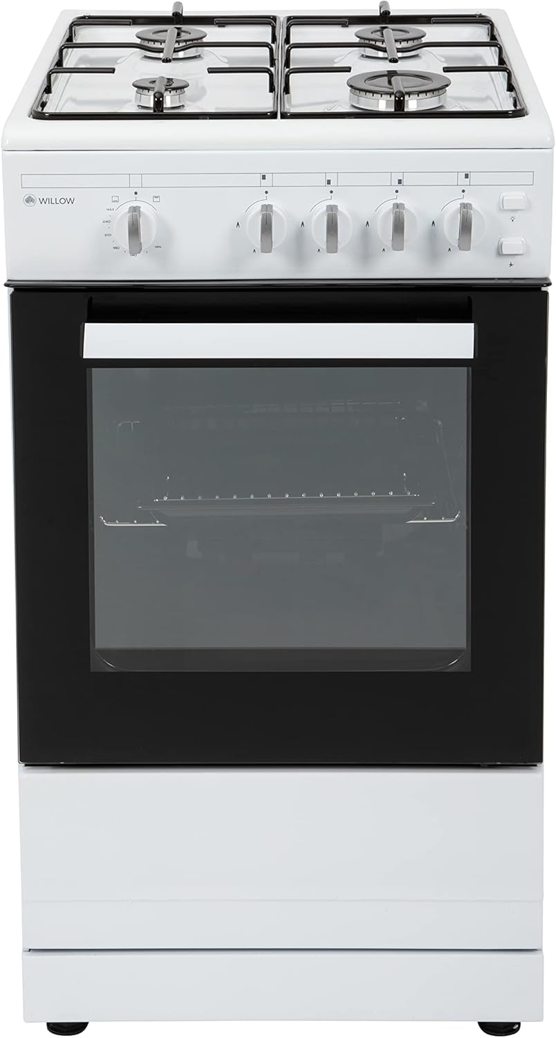 Willow WSG50W 50cm Wide Gas Cooker with Gas Oven, Integrated Grill, Four Burner Hob, Enamel Pan Supports, Easy Clean Interior in White
