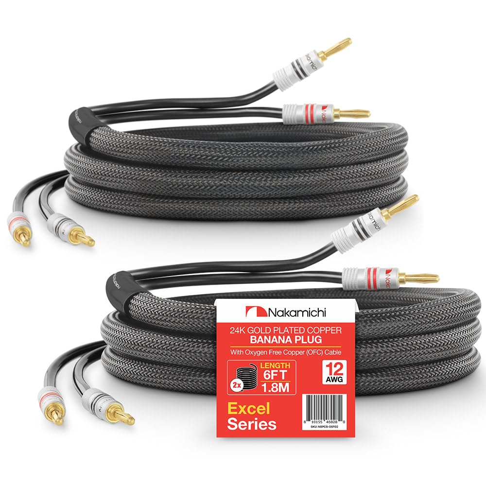 Nakamichi Excel Series 24k Gold Plated Banana Plug with (6 Feet) Speaker Cable Wire 99.9% Oxygen-Free Copper (OFC) Heavy Duty Braided in-Wall CL2 Rated - Black (12AWG / 6ft / 1.8m) 2-Pack