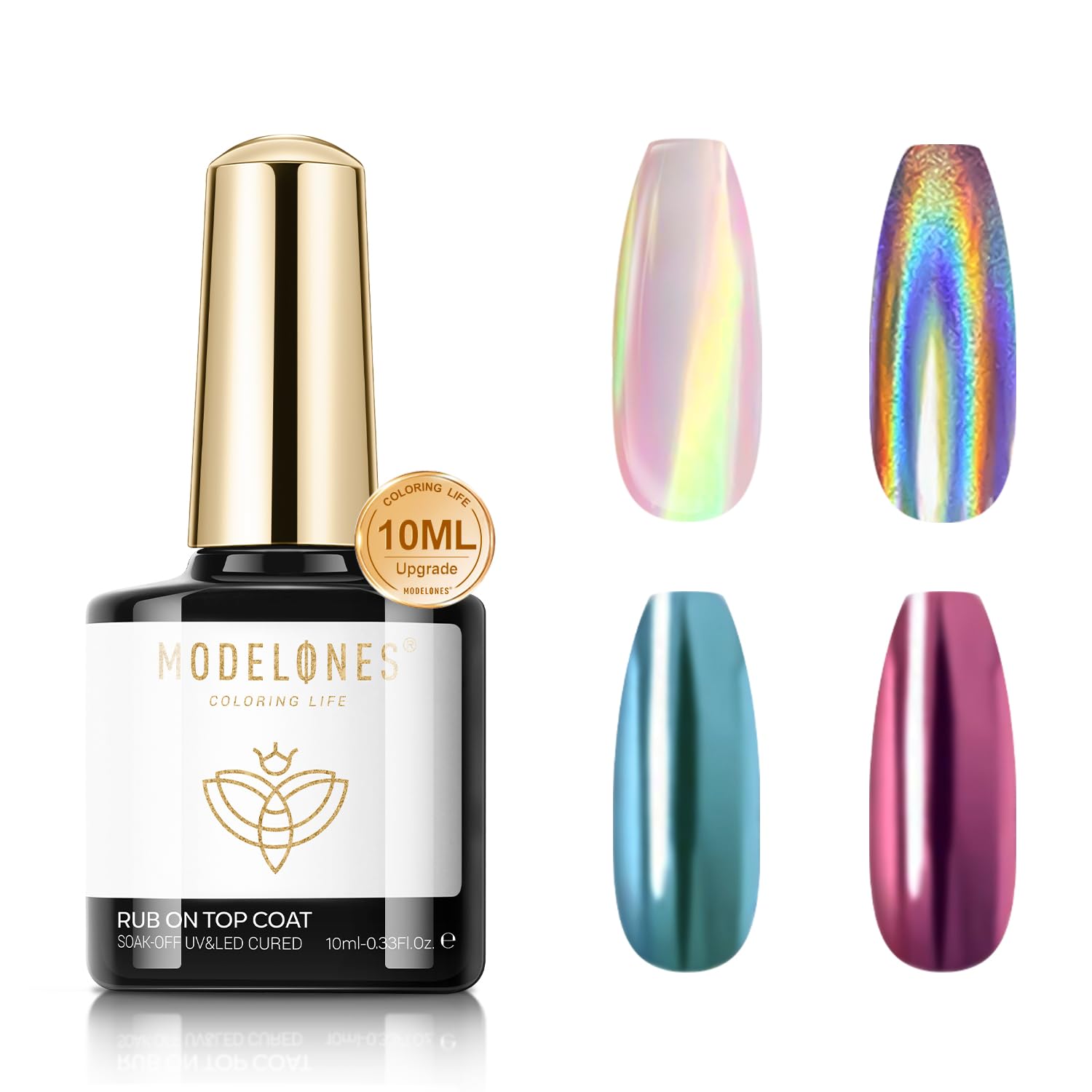 modelones Gel Top Coat for Chrome Nail Powder, Clear Mirror Gloss Metallic Finish No Wipe Gel Polish Long Lasting Soak Off Nail Lamp High Shiny for Home Salon DIY Professional Manicure Nail Art Gift