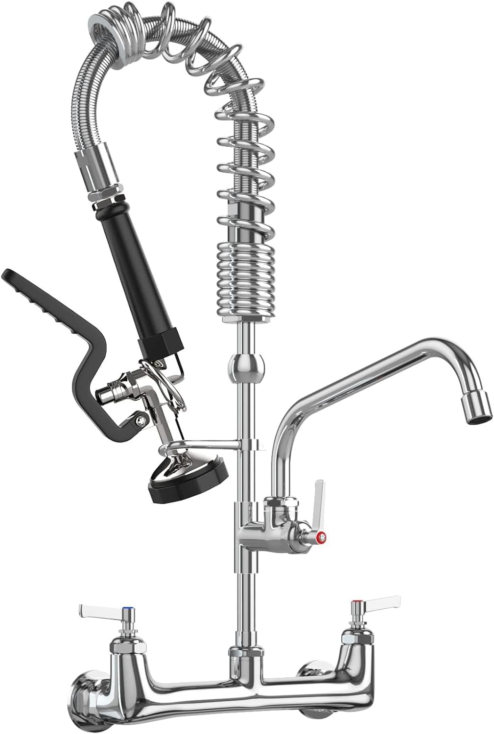 Commercial Wall Mount Kitchen Sink Faucet with Sprayer - 21" Height 8 inch Center, Add-on 8" Swing Spout Pre-Rinse Sprayer for 1 or 2 Compartment Sink