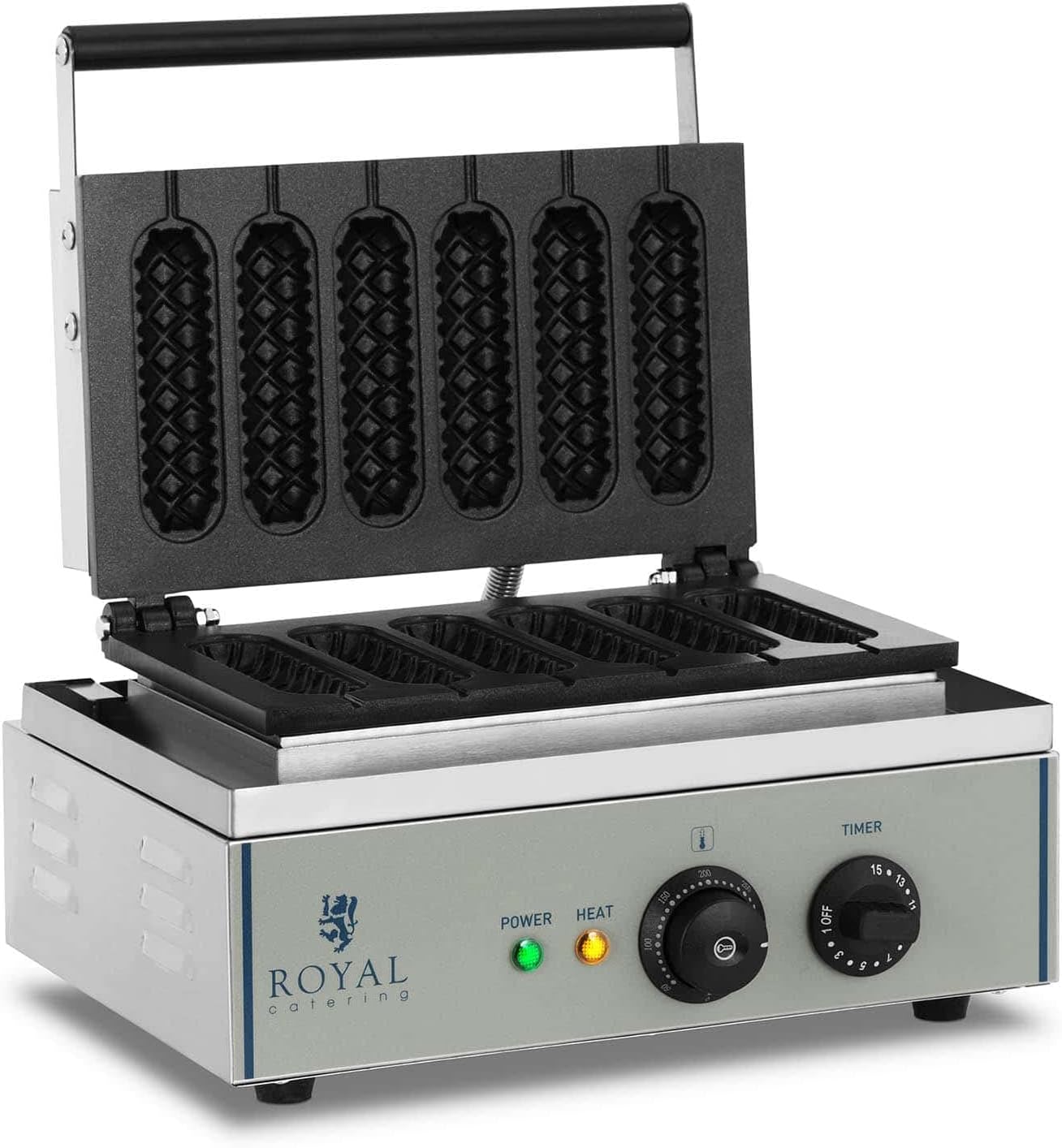 Royal Catering Stainless Steel Waffle Iron Waffle Sticks Waffle Maker Corn Dog Waffle on a Stick 6 Pcs 1550W RCWM-15000-S (Stainless Steel, Aluminium, Teflon, Waffles 14x4cm, Timer, 0-300°C)