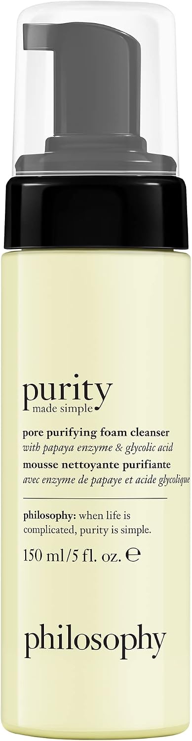 philosophy purity pore purifying facial foam cleanser 150ml, with papaya enzyme & glycolic acid, removes impurities from pores, suitable for AM and PM