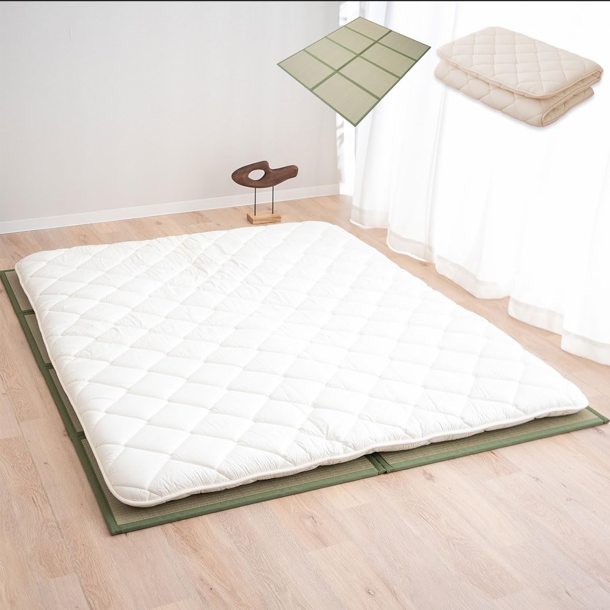 EMOOR Japanese Futon Mattress CLASSE and Foldable Tatami Mat Set Queen White & Natural, Foldable Floor Sleeping Bed Mat Sikibuton Igusa Natural